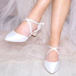 Perfect Bridal Wedding Shoes | Low Heel*Renate Satin Heel Courts with Crossover Straps Ivory
