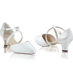 Perfect Bridal Wedding Shoes | Low Heel*Renate Satin Heel Courts with Crossover Straps Ivory