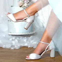 Perfect Bridal Wedding Shoes | Mid Heel*Sabrina Ivory Satin & Silver Glitter Block Heel Sandals Ivory/ Silver