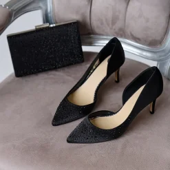 Perfect Bridal Party Shoes | Wedding Guest Shoes*Sienna Satin Crystal Open Waist Pointed Courts Black