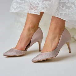 Perfect Bridal Party Shoes | Wedding Guest Shoes*Sienna Satin Crystal Open Waist Pointed Courts Taupe