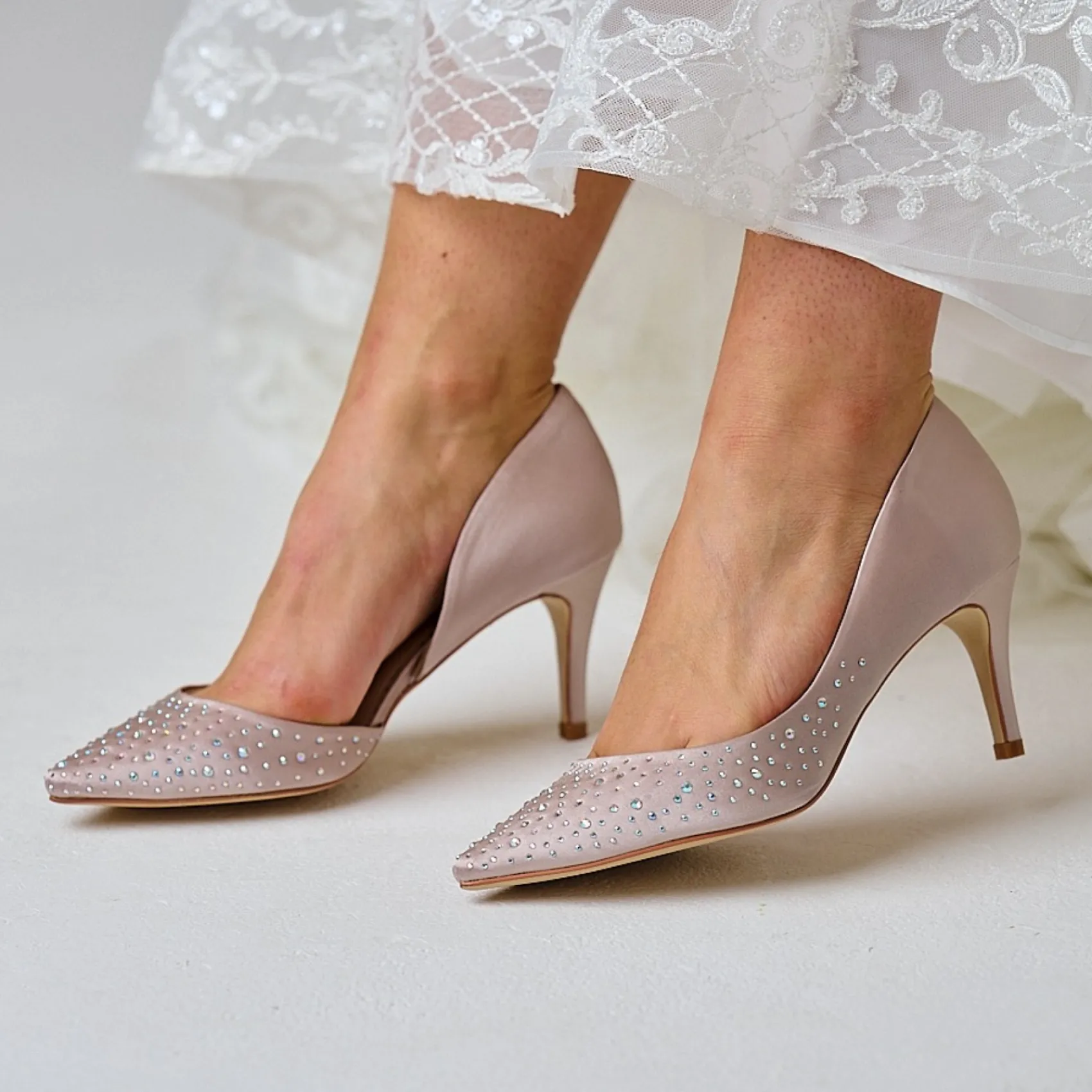 Perfect Bridal Party Shoes | Wedding Guest Shoes*Sienna Satin Crystal Open Waist Pointed Courts Taupe