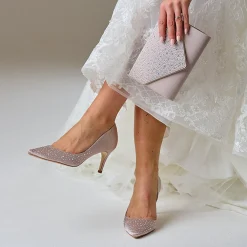 Perfect Bridal Party Shoes | Wedding Guest Shoes*Sienna Satin Crystal Open Waist Pointed Courts Taupe