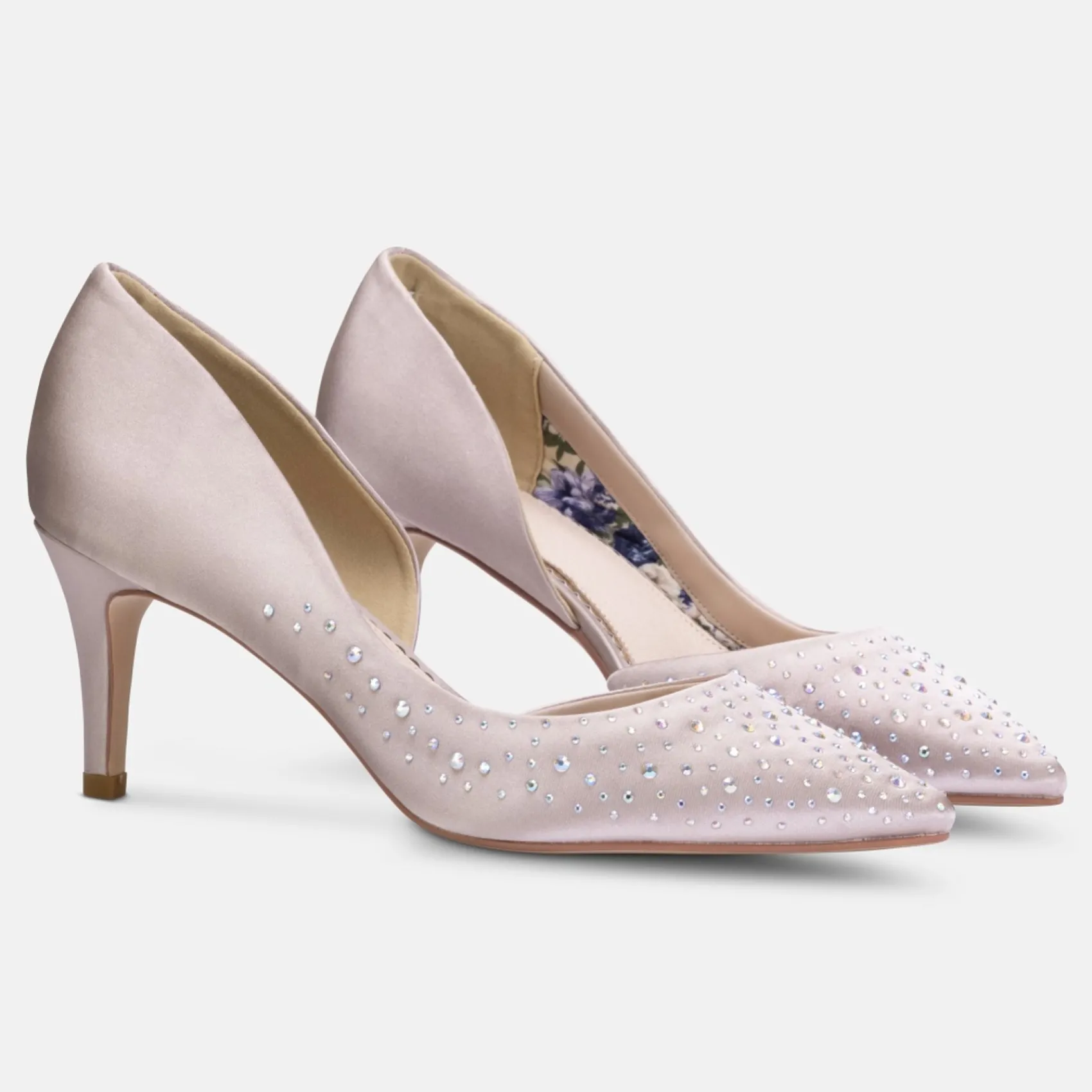 Perfect Bridal Party Shoes | Wedding Guest Shoes*Sienna Satin Crystal Open Waist Pointed Courts Taupe