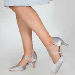 Perfect Bridal Wedding Guest Shoes | Mother Of The Bride Shoes*Sonya Satin Mid Heel Courts with Crossover Strap Silver