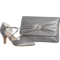 Perfect Bridal Wedding Guest Shoes | Mother Of The Bride Shoes*Sonya Satin Mid Heel Courts with Crossover Strap Silver