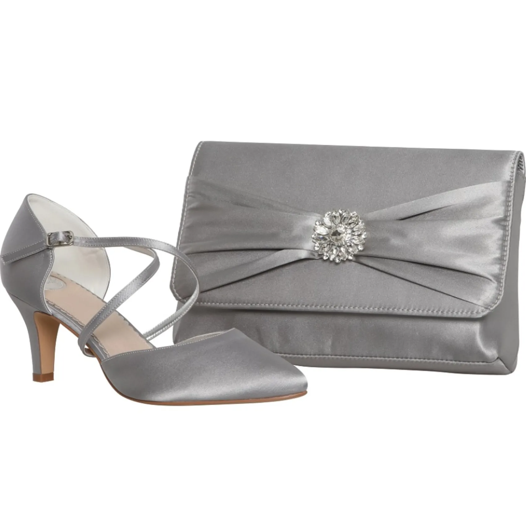 Perfect Bridal Wedding Guest Shoes | Mother Of The Bride Shoes*Sonya Satin Mid Heel Courts with Crossover Strap Silver