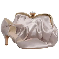 Perfect Bridal Wedding Guest Shoes | Mother Of The Bride Shoes*Sonya Satin Mid Heel Courts with Crossover Straps Taupe