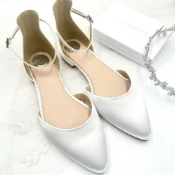 Perfect Bridal Wedding Shoes | Shoes For Dyeing*Tilly Dyeable Satin Ankle Strap Flats (Wide Fit) Ivory