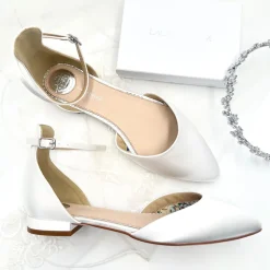 Perfect Bridal Wedding Shoes | Shoes For Dyeing*Tilly Dyeable Satin Ankle Strap Flats (Wide Fit) Ivory