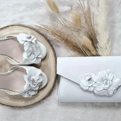 Perfect Bridal Wedding Shoes | Mid Heel*Tuscany Leather Flower Heeled Sandals Ivory