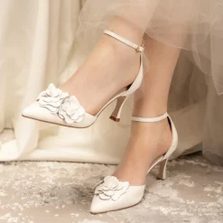 Perfect Bridal Mother Of The Bride Shoes | Wedding Shoes*Valentina Leather Floral Ankle Strap Court Shoes Ivory