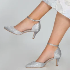 Perfect Bridal Sparkly Prom Shoes | Silver Prom Shoes*Xena Crystal Embellished Ankle Strap Court Shoes Silver