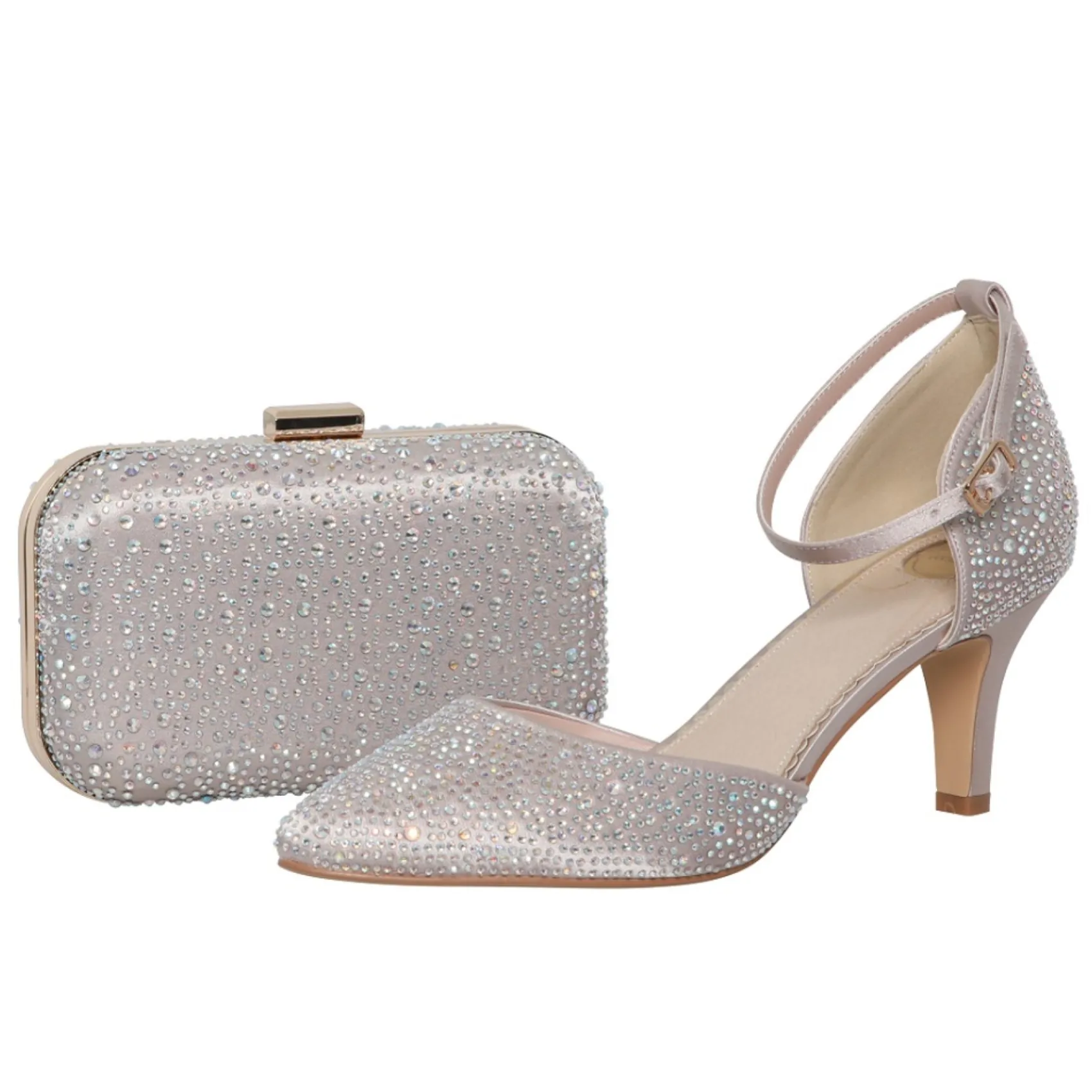 Perfect Bridal Sparkly Prom Shoes | Prom Shoes*Xena Crystal Embellished Ankle Strap Court Shoes Taupe