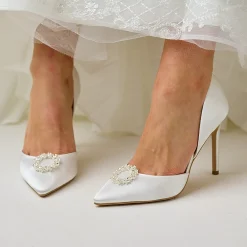 Perfect Bridal Wedding Shoes | High Heel*Pippa Dyeable Satin Pearl Brooch High Heel Court Shoes Ivory