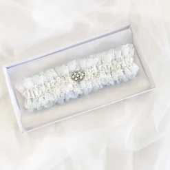 Boudoir Couture Something Blue Gifts | Bride Gifts*Promise Blue and Ivory Lace Garter with Pearl and Crystal Brooch Blue/ Ivory