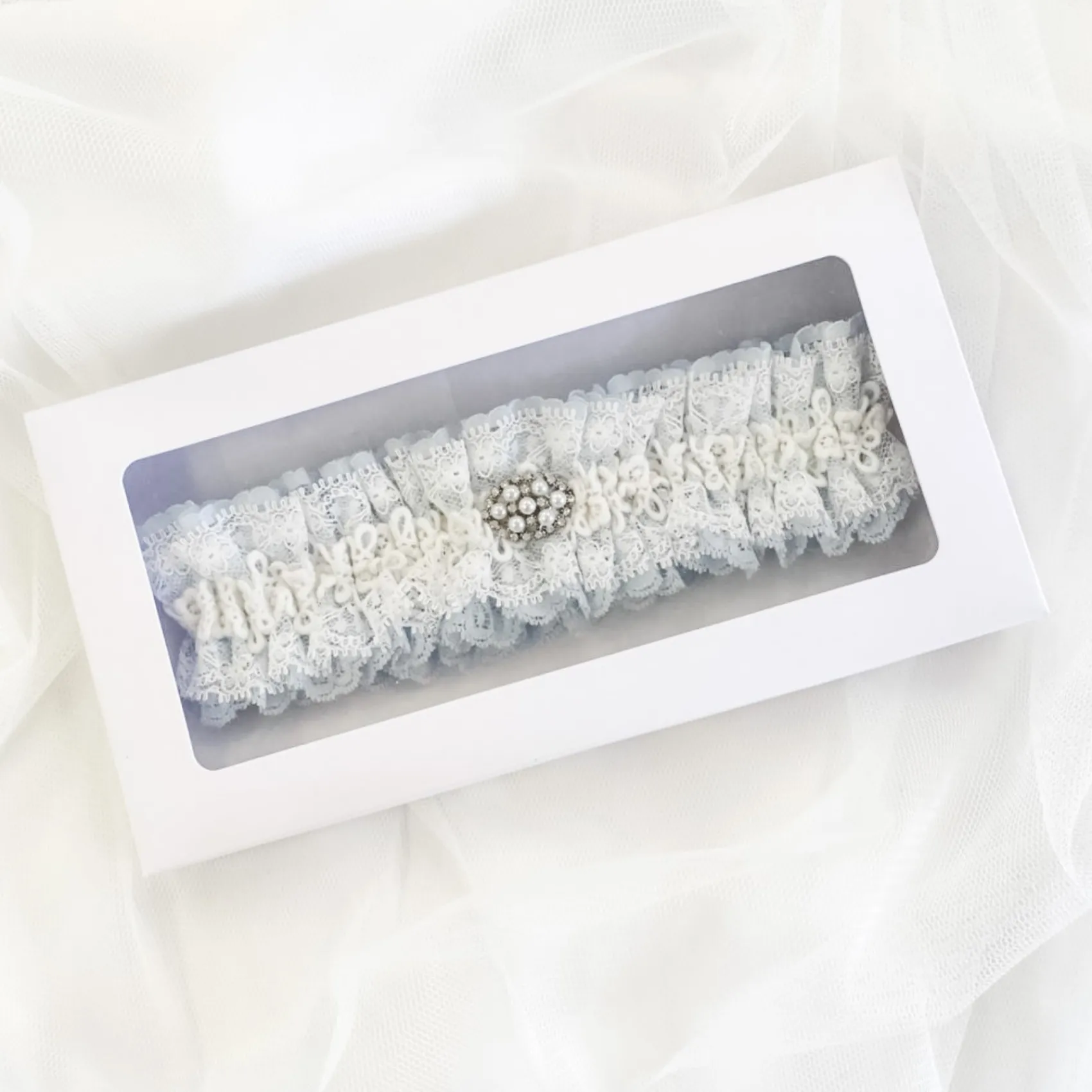Boudoir Couture Something Blue Gifts | Bride Gifts*Promise Blue and Ivory Lace Garter with Pearl and Crystal Brooch Blue/ Ivory