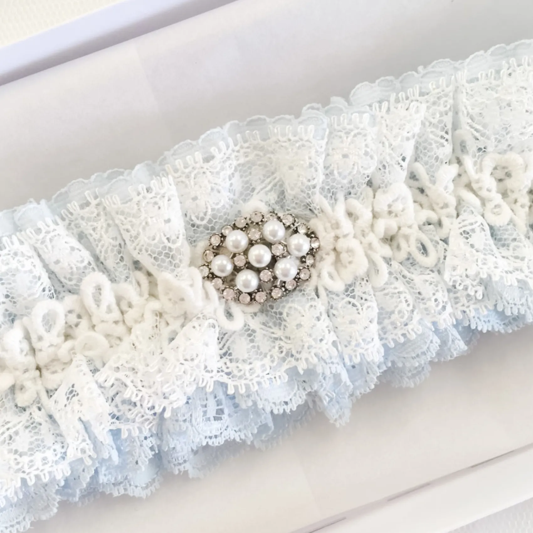 Boudoir Couture Something Blue Gifts | Bride Gifts*Promise Blue and Ivory Lace Garter with Pearl and Crystal Brooch Blue/ Ivory