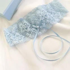 Boudoir Couture Something Blue Gifts | Bride Gifts*Purity Delicate Lace Wedding Garter with Pearl Detail Blue