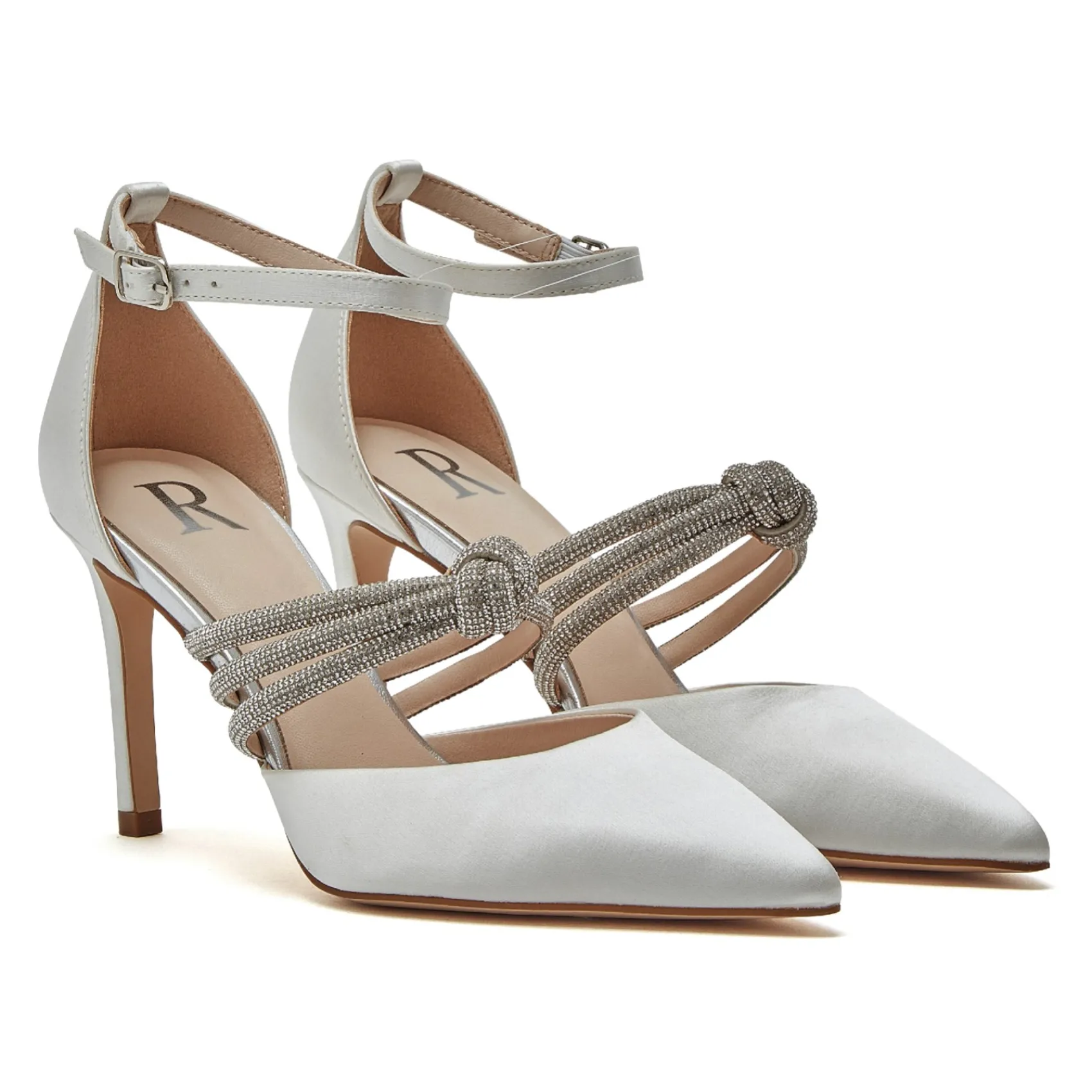 Rainbow Club Sparkly Prom Shoes | White Prom Shoes*R Collection Emery Satin Diamante Knotted Ankle Strap Heels Ivory