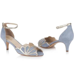 Rachel Simpson Wedding Guest Shoes | Mother Of The Bride Shoes*Isadora Suede Low Heel Ankle Strap Sandals Dusky Blue