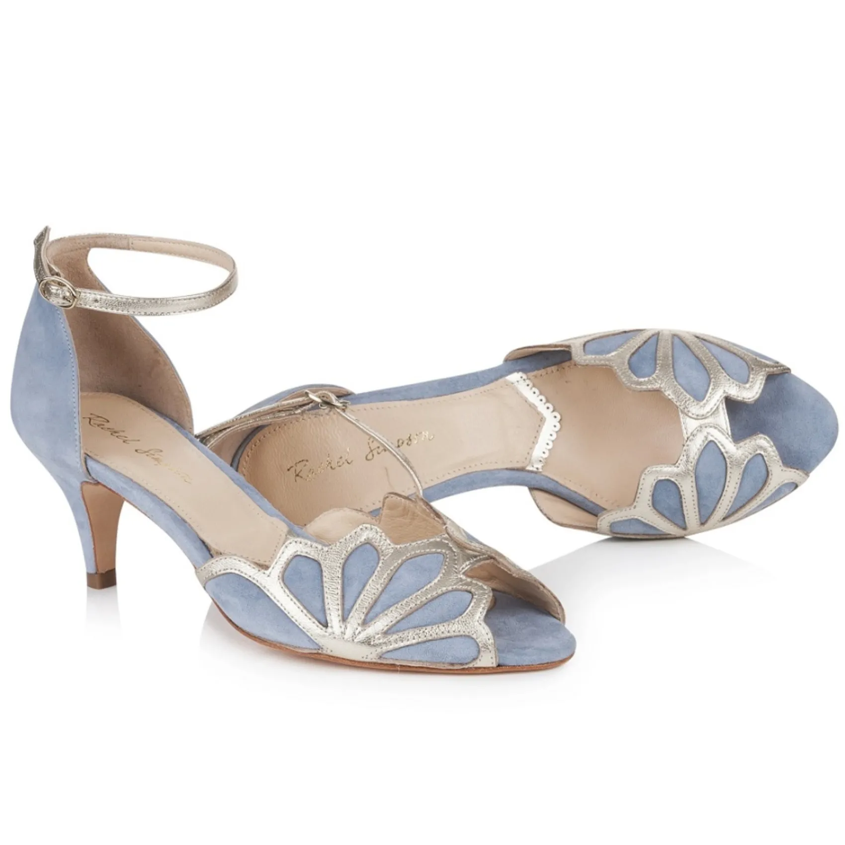 Rachel Simpson Wedding Guest Shoes | Mother Of The Bride Shoes*Isadora Suede Low Heel Ankle Strap Sandals Dusky Blue