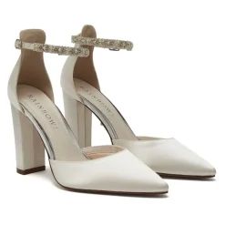Rainbow Club Wedding Shoes | High Heel*Amelie Dyeable Satin Beaded Ankle Strap Block Heels Ivory