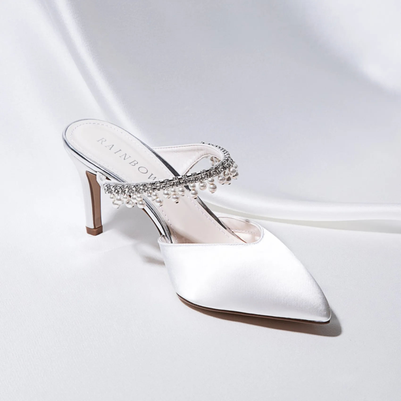 Rainbow Club Wedding Shoes | Mid Heel*Amyla Dyeable Satin Embellished Wedding Mules Ivory