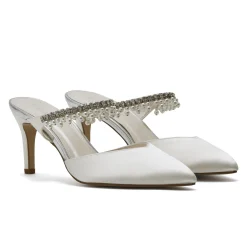 Rainbow Club Wedding Shoes | Mid Heel*Amyla Dyeable Satin Embellished Wedding Mules Ivory