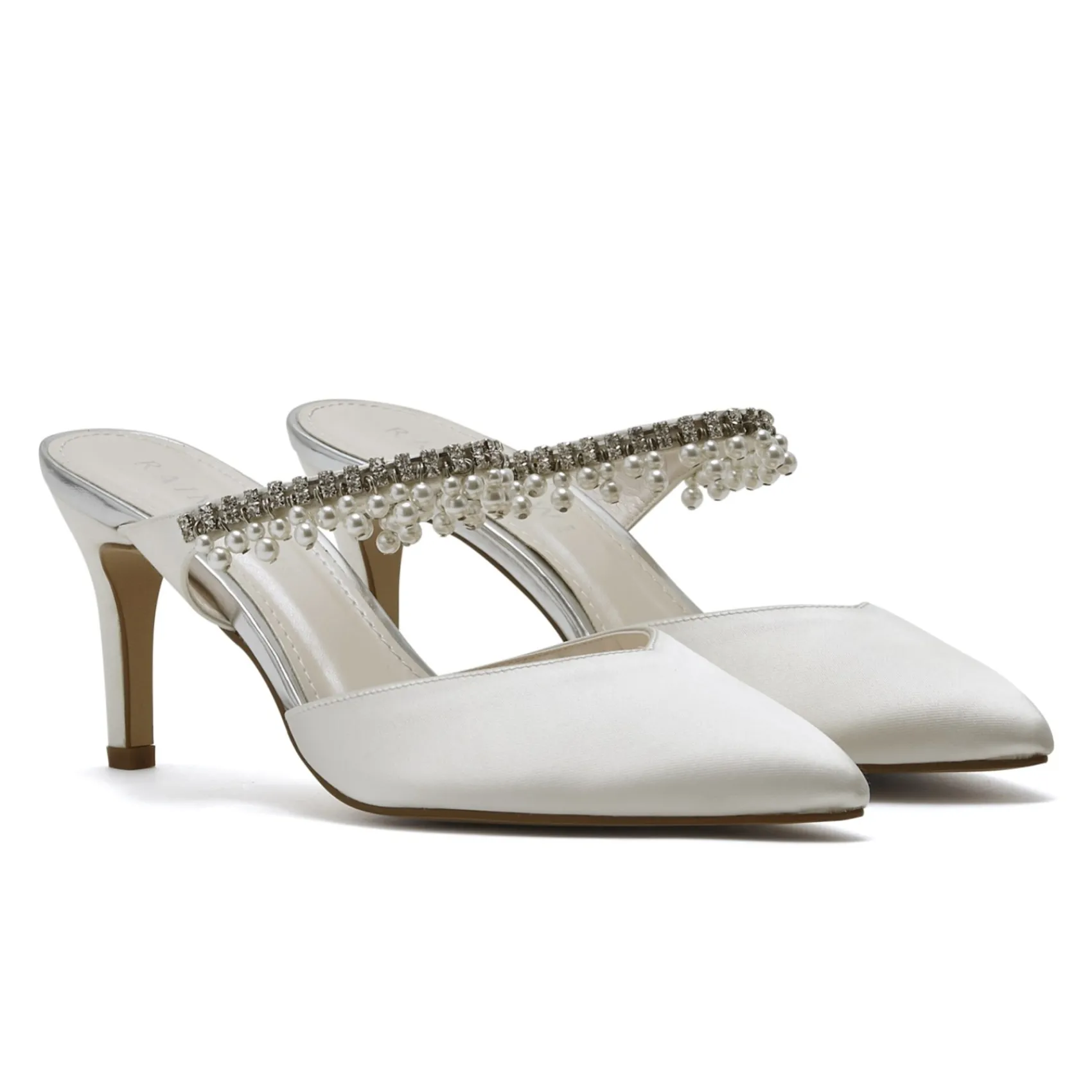Rainbow Club Wedding Shoes | Mid Heel*Amyla Dyeable Satin Embellished Wedding Mules Ivory