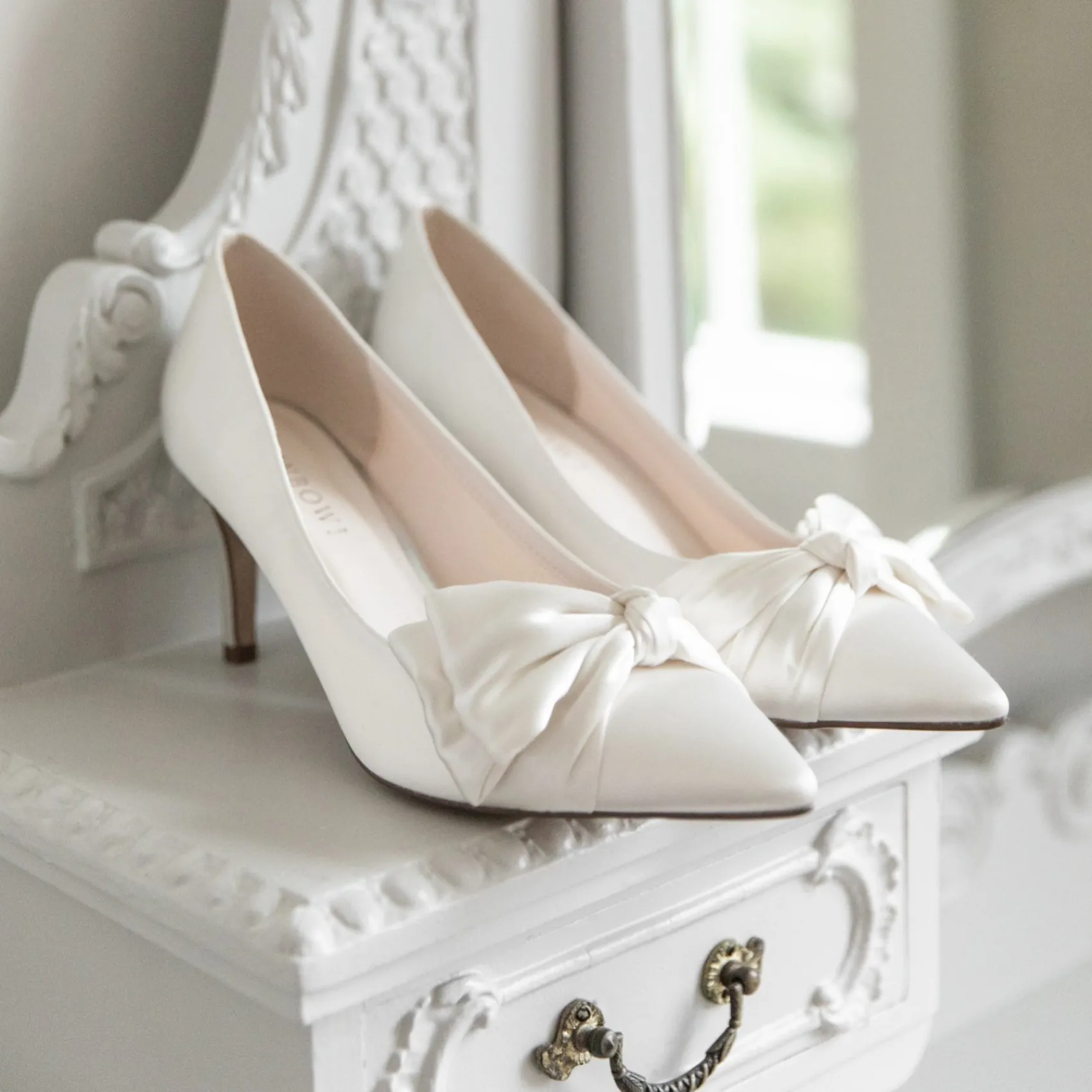 Rainbow Club Wedding Shoes | Mid Heel*Arabella Satin Asymmetric Bow Mid Heel Court Shoes Ivory
