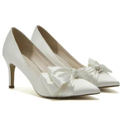 Rainbow Club Wedding Shoes | Mid Heel*Arabella Satin Asymmetric Bow Mid Heel Court Shoes Ivory