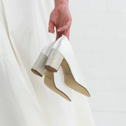Rainbow Club Wedding Guest Shoes | Wedding Shoes*Bambi Ivory Satin and Silver Gitter Block Heel Courts Ivory/ Silver