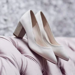 Rainbow Club Wedding Guest Shoes | Wedding Shoes*Bambi Ivory Satin and Silver Gitter Block Heel Courts Ivory/ Silver