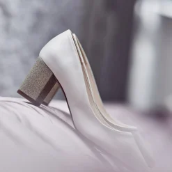 Rainbow Club Wedding Guest Shoes | Wedding Shoes*Bambi Ivory Satin and Silver Gitter Block Heel Courts Ivory/ Silver