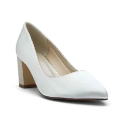 Rainbow Club Wedding Guest Shoes | Wedding Shoes*Bambi Ivory Satin and Silver Gitter Block Heel Courts Ivory/ Silver