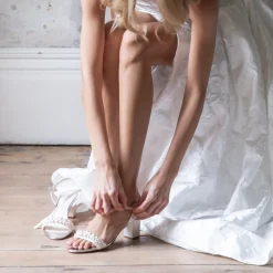 Rainbow Club Wedding Shoes | Mid Heel*Clara Mid Satin Pearl Block Heel Sandals Ivory