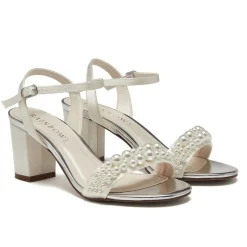 Rainbow Club Wedding Shoes | Mid Heel*Clara Mid Satin Pearl Block Heel Sandals Ivory