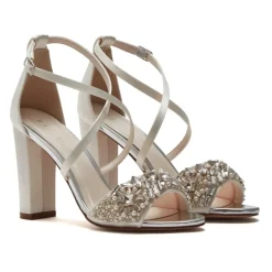 Rainbow Club Wedding Shoes | High Heel*Fern Satin Embellished High Block Heel Sandals Ivory