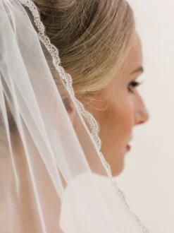 Rainbow Club Single Tier Veils | Elbow Length Veils*Gazania Embroidered Scalloped Edge Waist Length Veil Ivory