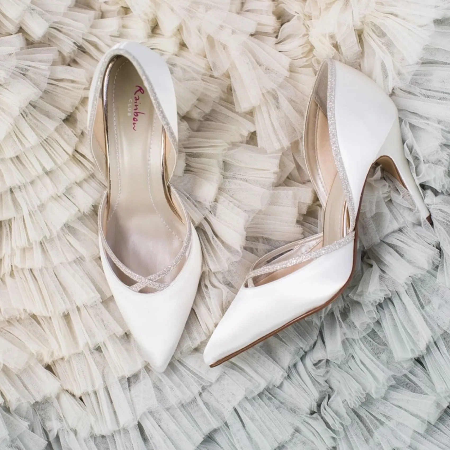 Rainbow Club Wedding Shoes | High Heel*Georgia Ivory Satin and Silver Glitter Court Shoes Ivory & Silver