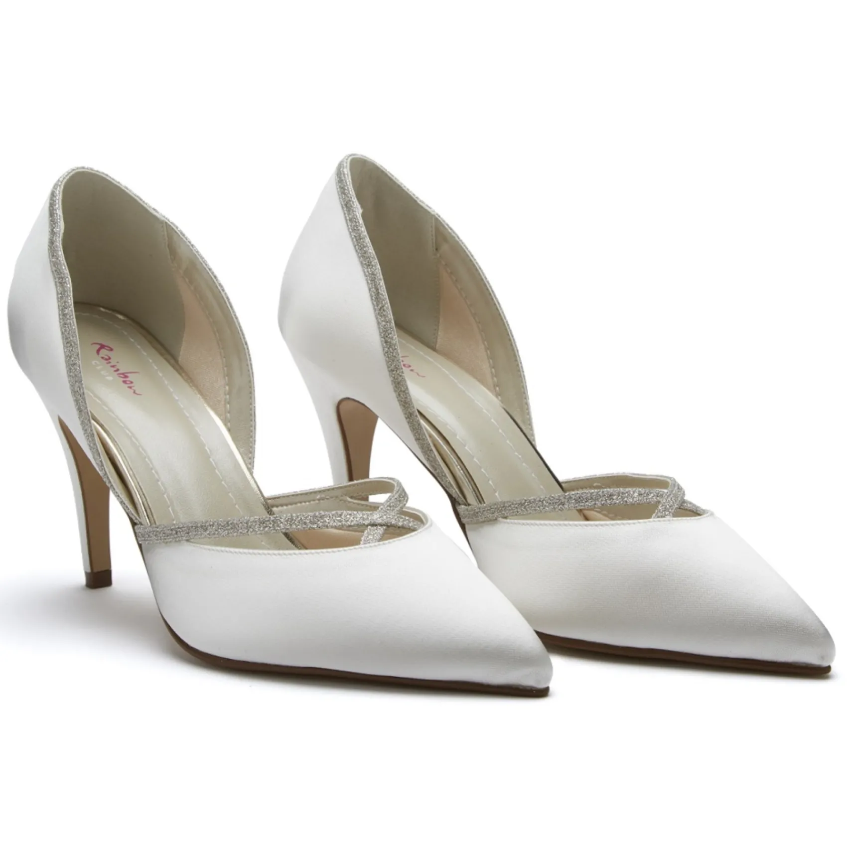 Rainbow Club Wedding Shoes | High Heel*Georgia Ivory Satin and Silver Glitter Court Shoes Ivory & Silver