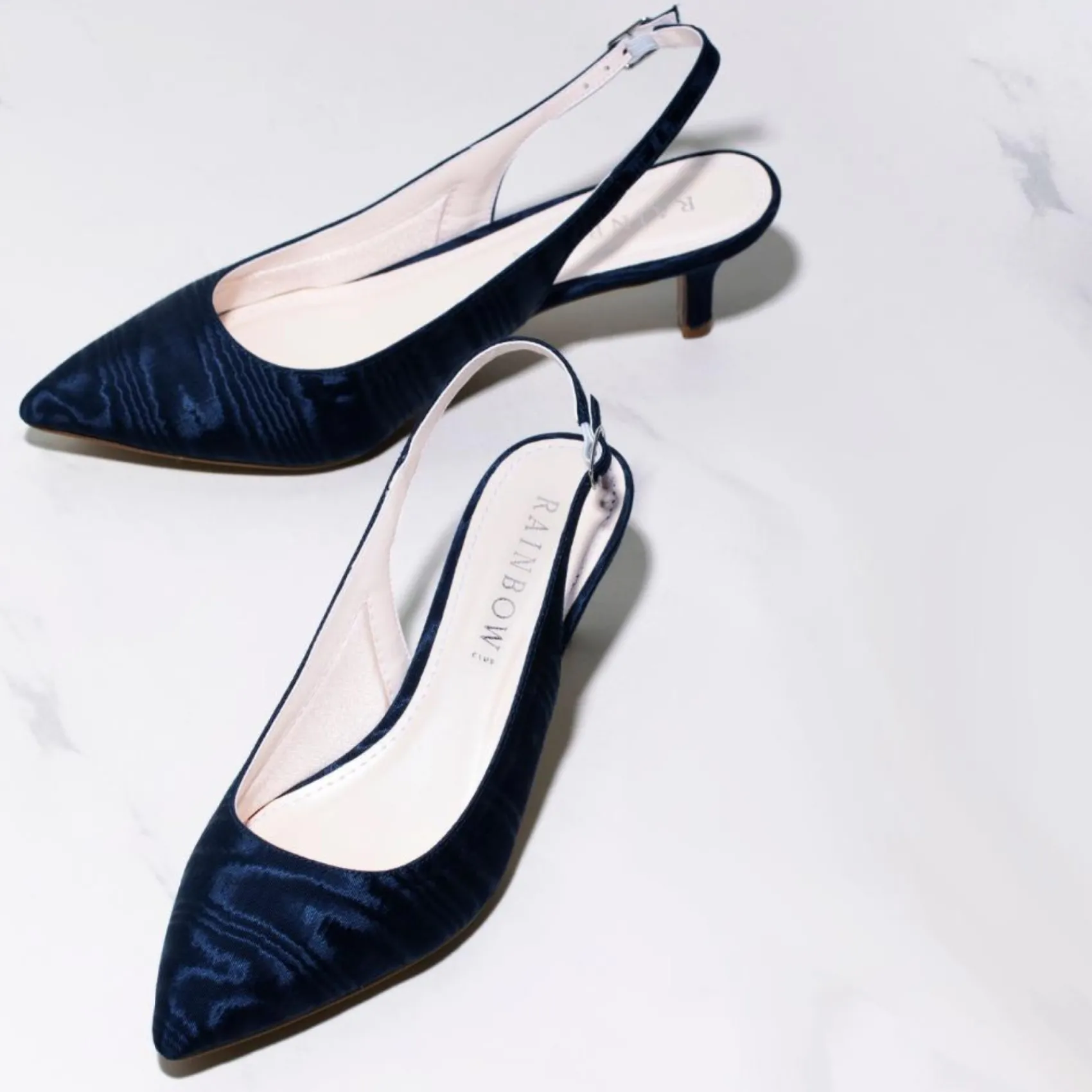 Rainbow Club Mother Of The Bride Shoes | Low Heel*Joni Moiré Slingback Kitten Heels Navy