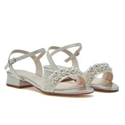 Rainbow Club Wedding Shoes | Low Heel*Kendall Satin Pearl Flat Bridal Sandals Ivory