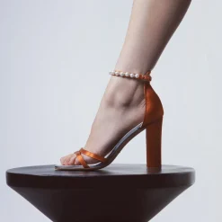 Rainbow Club Bridesmaid Shoes | Wedding Shoes*Lena Satin Pearl Ankle Strap Block Heel Sandals Ivory