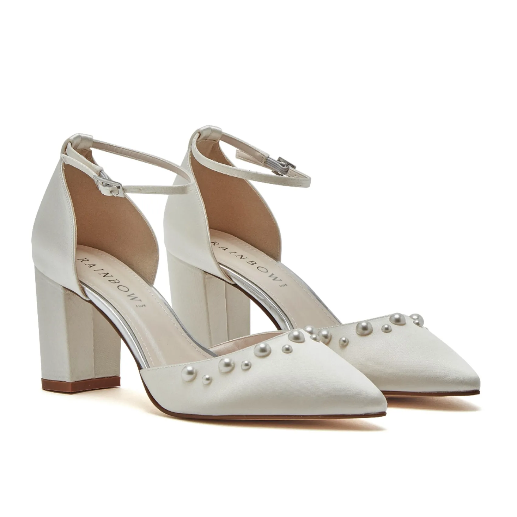 Rainbow Club Wedding Shoes | Mid Heel*Maya Mid Dyeable Satin Wide Fit Pearl Block Heels Ivory