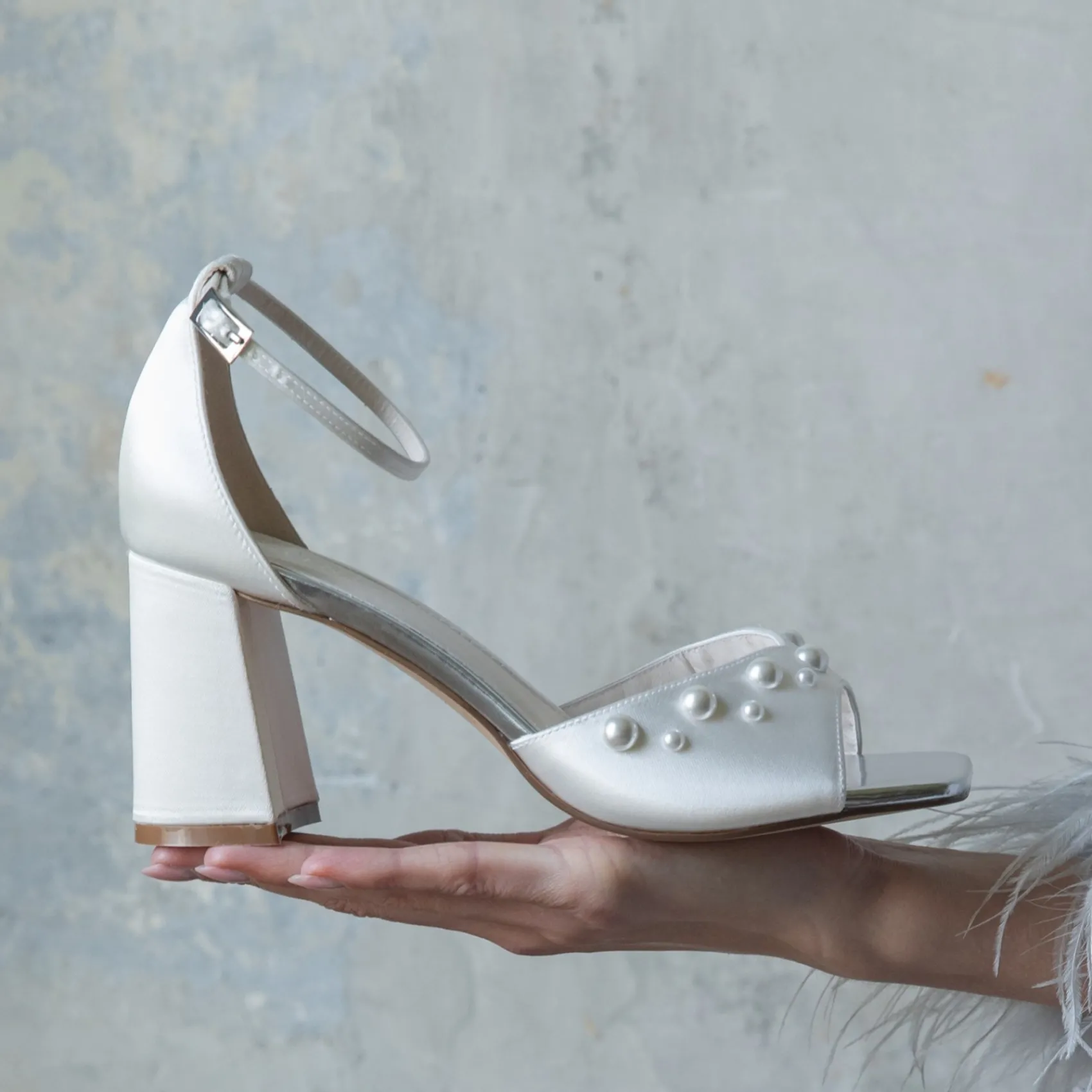Rainbow Club Wedding Shoes | Mid Heel*Maya Mid Satin Pearl Block Heel Sandals (Wide Fit) Ivory