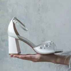 Rainbow Club Wedding Guest Shoes | Bridesmaid Shoes*Maya Mid Satin Pearl Block Heel Square Toe Sandals Ivory