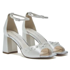 Rainbow Club Wedding Shoes | Mid Heel*Maya Mid Satin Pearl Block Heel Sandals (Wide Fit) Ivory
