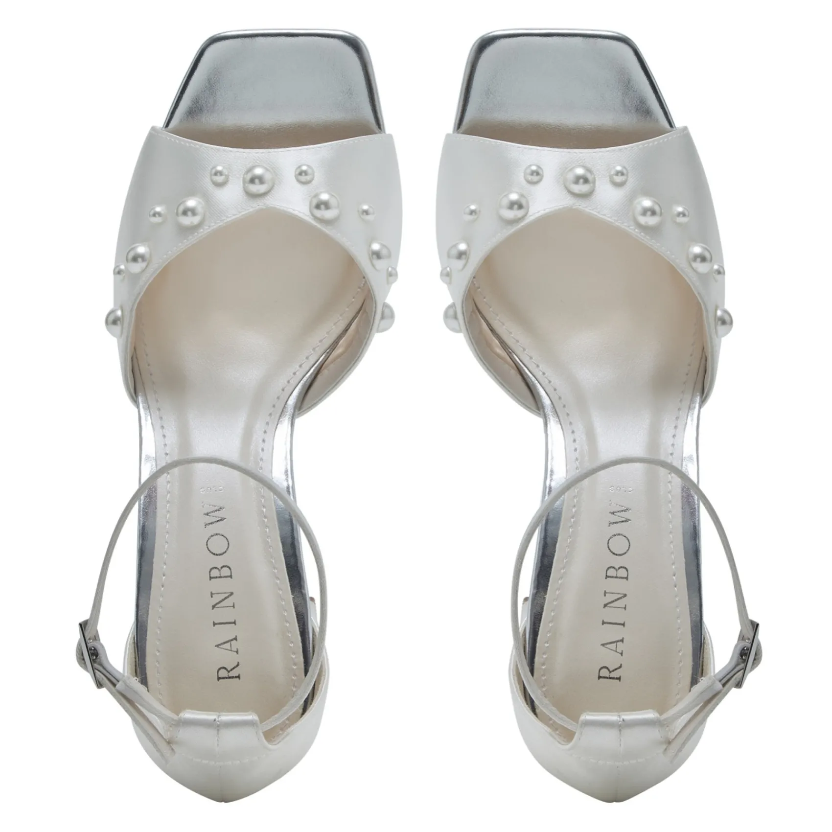Rainbow Club Wedding Shoes | Mid Heel*Maya Mid Satin Pearl Block Heel Sandals (Wide Fit) Ivory